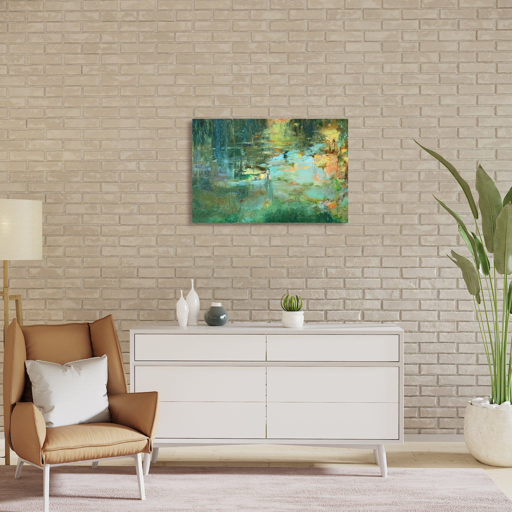 The artwork 'Reflection II' by Rita BasuMallick features an abstract expressionist composition in oil, blending ethereal turquoise waters with golden sunlight reflections. Layered brushstrokes create a tranquil pond-like surface with organic shapes floating across a dreamy aqua background, evoking Monet's water lilies. The 24x36 canvas captures a serene aquatic landscape through contemporary abstraction. By Rita BasuMallick.