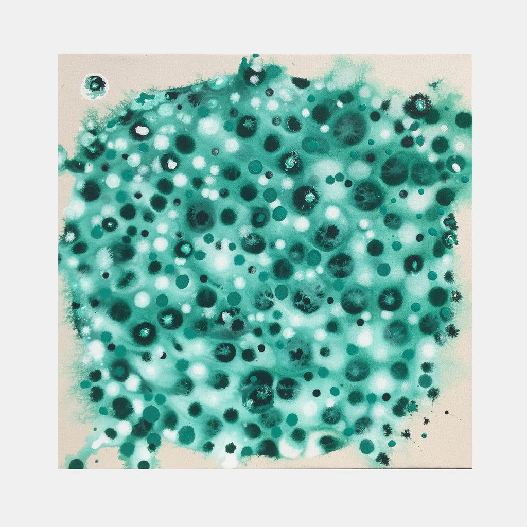 The artwork 'Regeneration' by Eric Jiaju Lee features a dynamic abstract composition of scattered turquoise and emerald dots creating a cellular pattern. Varying sizes of circular forms float against a light background, some appearing translucent while others are more opaque, suggesting organic movement and biological growth. Acrylic on canvas, 24x24 inches.
