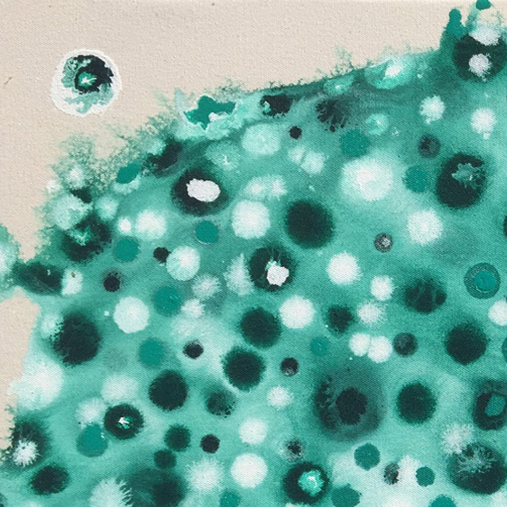 The artwork 'Regeneration' by Eric Jiaju Lee features a mesmerizing abstract composition of scattered circles in varying shades of turquoise and emerald green against a light neutral background. The acrylic on canvas piece displays organic, cell-like patterns with luminous white spots intermingled with darker spherical forms, creating a dynamic watercolor-like effect that suggests biological growth and renewal.