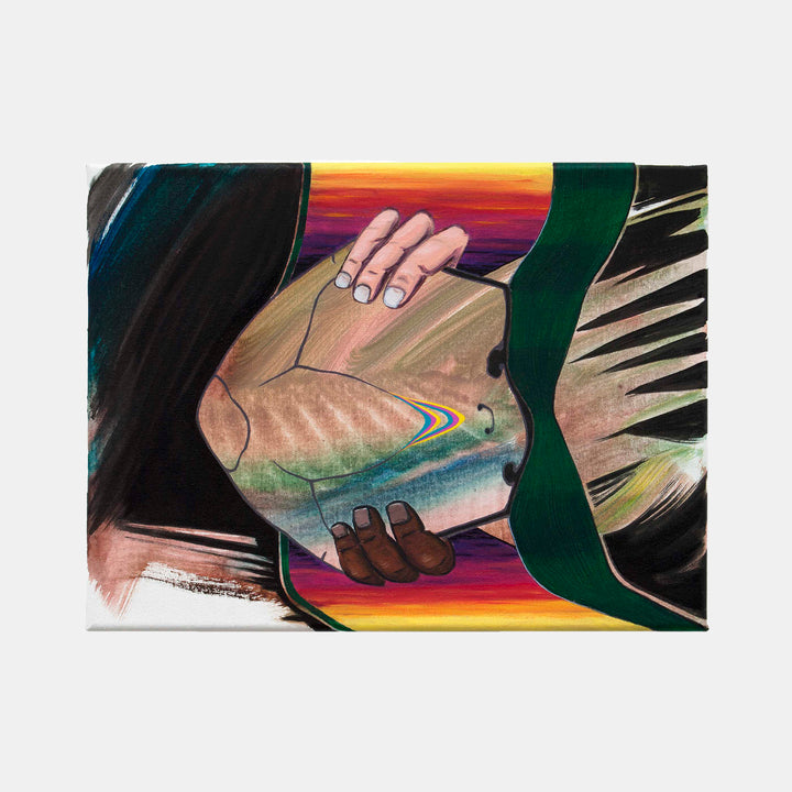 The artwork 'Rescue Mission' by Christian Perdix features abstract hands cradling a luminous form against a dramatic backdrop of vibrant rainbow stripes and deep emerald curves. The oil and acrylic painting on cotton canvas showcases fluid brushstrokes, creating a dynamic composition of light and shadow with iridescent touches and bold color transitions.