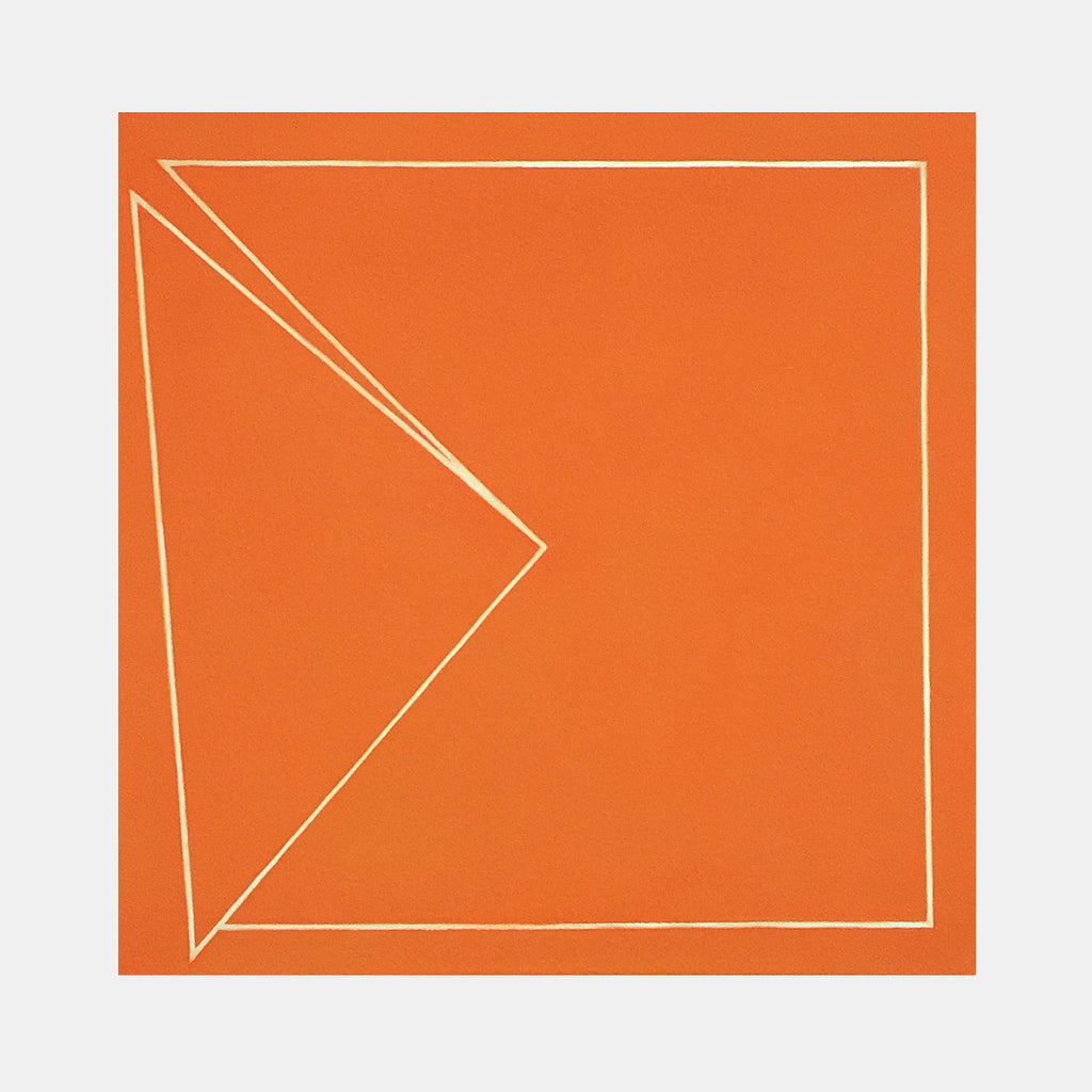 The artwork 'Restoral' by Shyun Song features minimalist geometric composition on vibrant orange background, with delicate white lines forming a triangular shape within a square frame, painted in oil on canvas with precise angular elements creating a modern abstract aesthetic.