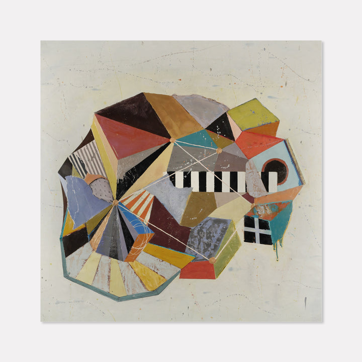 The artwork 'Retreat' by Karen Nielsen-Fried features a dynamic geometric abstract composition with triangular and angular shapes in a vibrant color palette including coral, turquoise, yellow, and brown. The encaustic and oil painting incorporates bold black and white striped elements, creating a kaleidoscopic effect against a light neutral background. The textured surface showcases the unique qualities of encaustic medium on wood panel. By Karen