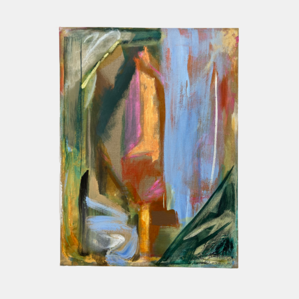 The artwork 'Reveal' by Molly Herman features bold abstract brushstrokes in vibrant colors of orange, blue, and forest green. Dynamic vertical movements create a sense of depth, with expressive paint application on linen canvas. Textural elements and gestural marks blend harmoniously, showcasing an abstract expressionist style with rich earth tones and ethereal blue accents. Oil on linen by Molly Herman.