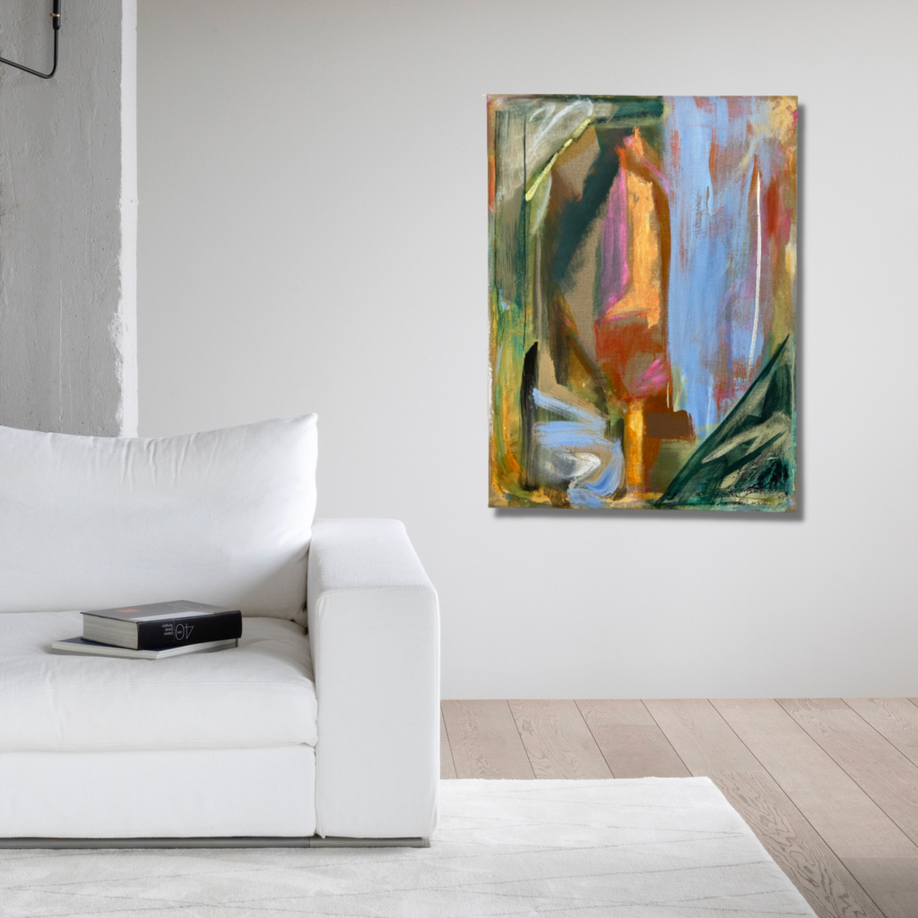 The artwork 'Reveal' by Molly Herman features an abstract composition with dynamic brushstrokes in vibrant blues, greens, and warm orange tones. Bold vertical forms emerge through layers of oil paint on linen, creating a sense of movement and depth. The piece showcases expressive, gestural painting techniques with contrasting colors and organic shapes, measuring 40x30 inches. By Molly Herman.