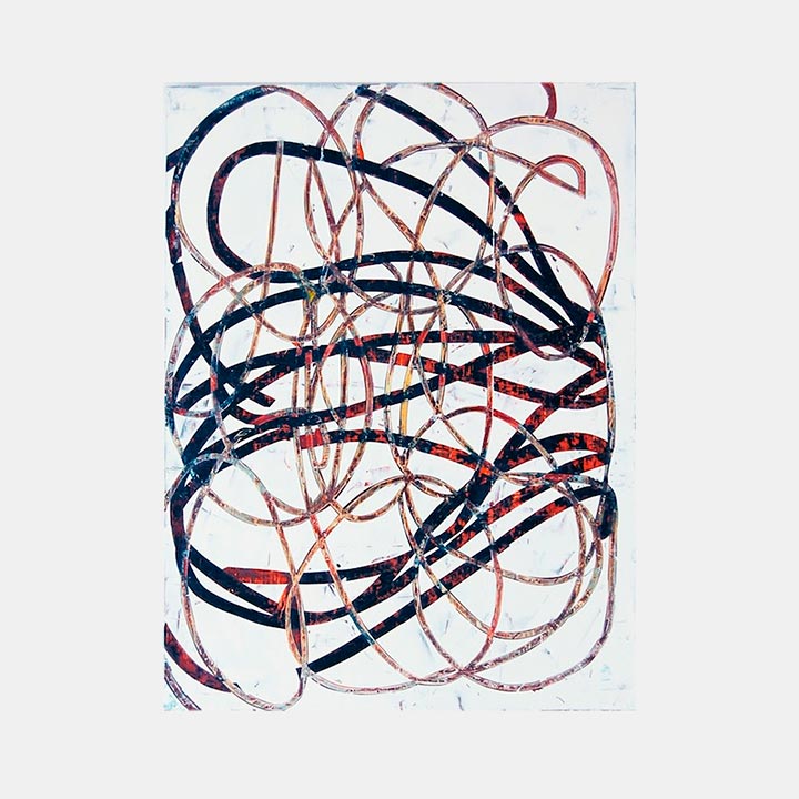The artwork 'Ribbon' by Mary Didoardo features dynamic interweaving curved lines in navy blue and dusty rose against a white background. The abstract composition creates a sense of fluid movement through bold brushstrokes and gestural marks in oil paint on wood, measuring 24 by 18 inches.