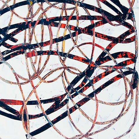 The artwork 'Ribbon' depicts a dynamic abstract composition of interweaving curved lines in navy blue and coral red against a white background. The oil on wood painting features bold, flowing ribbon-like strokes that create circular and spiral patterns, suggesting movement and rhythm. Textured brushwork adds depth and dimension to the 24x18 inch piece by Mary Didoardo.