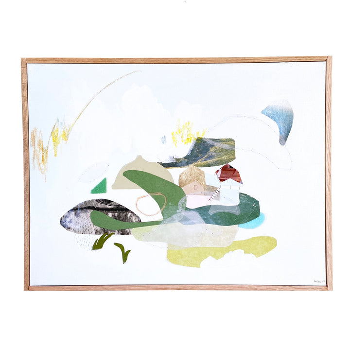 The artwork 'Rice (NEPAL)' by Linden Eller features an abstract landscape composition with flowing organic shapes in muted greens, blues, and yellows. The mixed media piece on canvas combines delicate watercolor effects with collage elements, creating a gentle, ethereal impression suggestive of terraced rice fields and mountain scenery. Wooden frame complements the 12x16 inch artwork by Linden Eller.