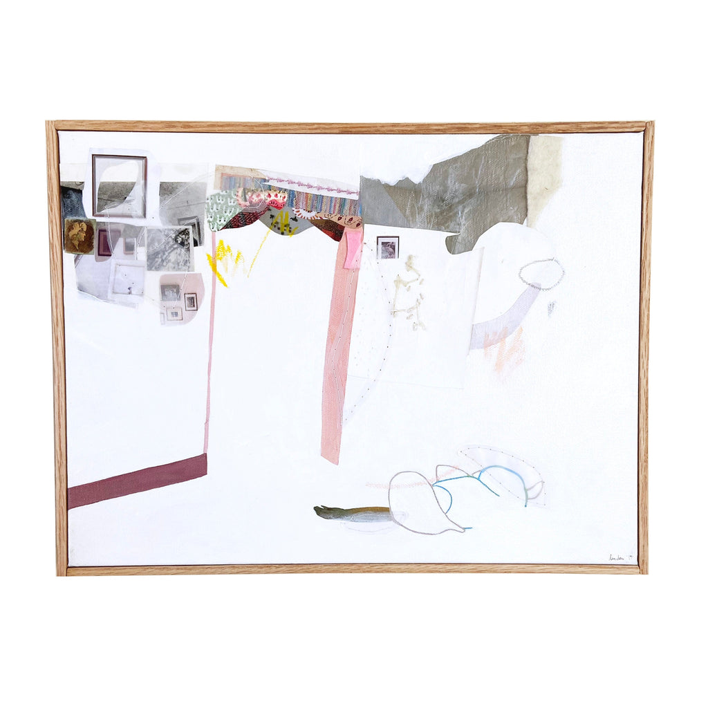 The artwork 'Right Now (INDIA)' by Linden Eller features a minimalist mixed media composition with delicate line drawings and collaged elements on white canvas. Subtle pink and gray tones accent abstract shapes and photographic fragments, creating a dreamlike spatial arrangement within a wooden frame. Mixed media on canvas, 12x16 inches. By Linden Eller