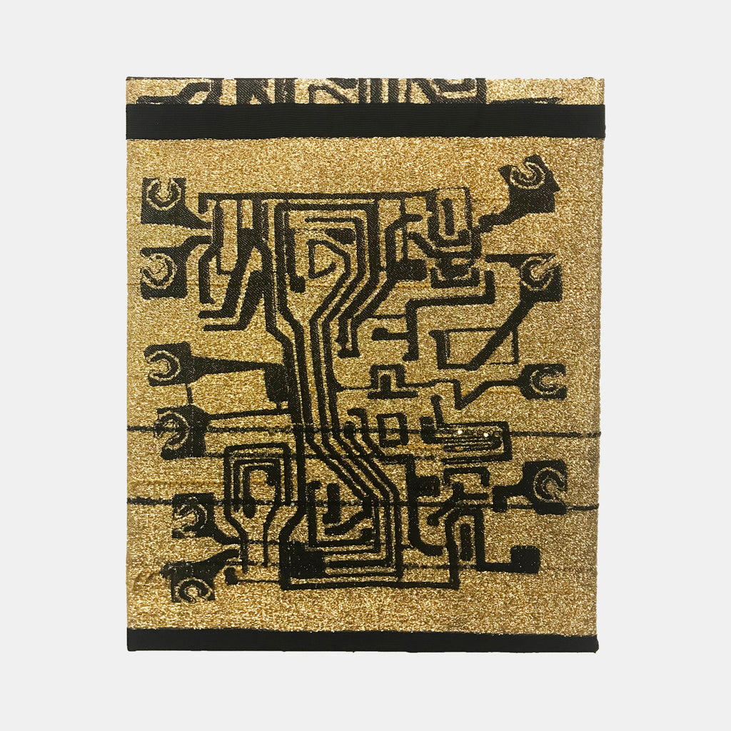 The artwork 'Ripple Rejection' by Robin Kang features an intricate circuit board-like pattern woven in black against a shimmering metallic gold background. Abstract geometric lines and pathways create a technological maze, reminiscent of electronic circuitry, hand-jacquard woven in cotton and metallic gold yarn, measuring 20x16 inches.