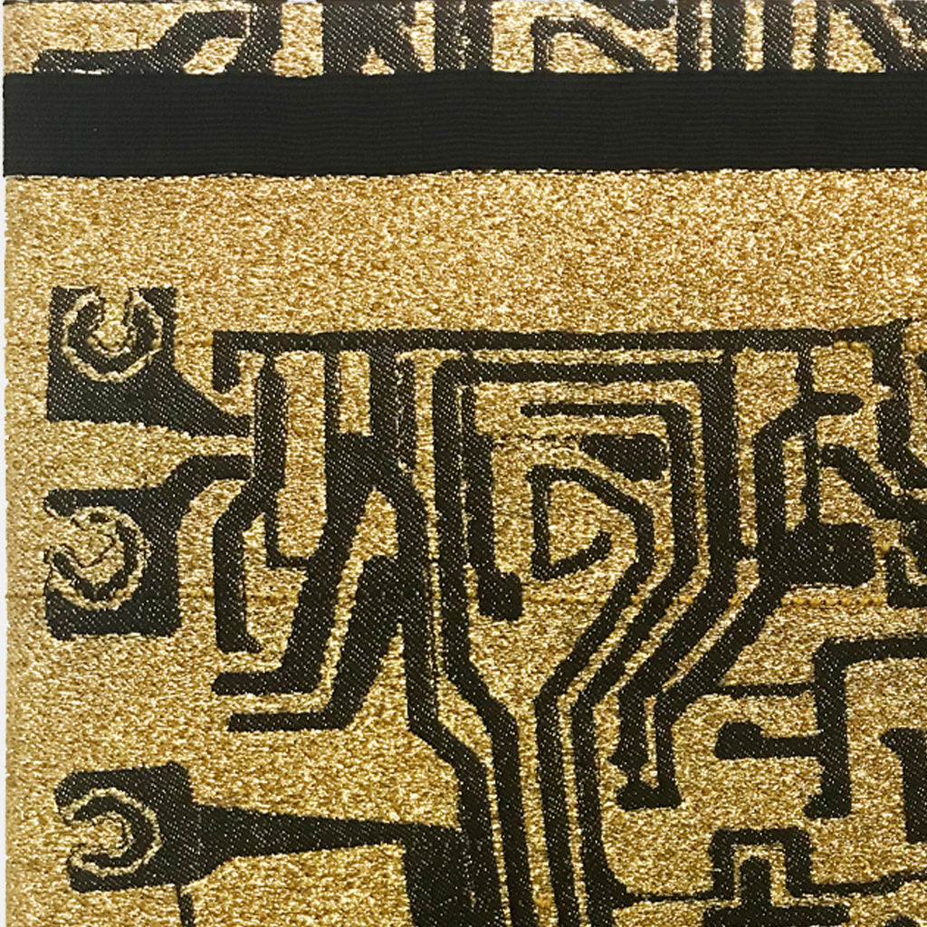 The artwork 'Ripple Rejection' by Robin Kang features abstract geometric patterns in black against a shimmering metallic gold background. Hand-woven using Jacquard technique, the textile piece showcases circuit board-like designs with angular lines and curved elements, creating a striking contrast between modern digital aesthetics and traditional weaving methods.