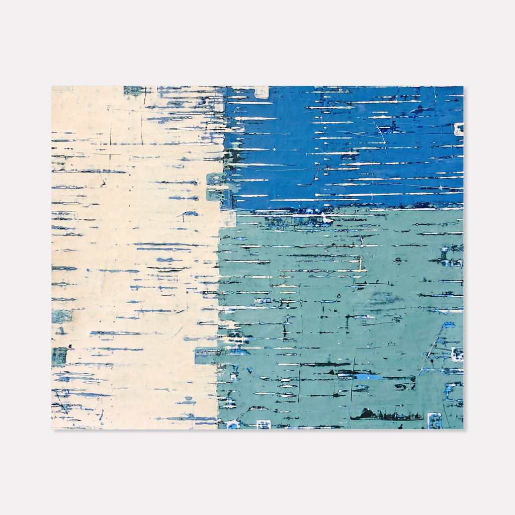 The artwork 'Rising Waters' by Shira Toren features a divided composition with textured Venetian plaster, displaying horizontal striations across cream white and aqua blue sections. The abstract landscape evokes weathered surfaces with a distressed, coastal aesthetic. The 30x36 canvas showcases scratched textures and layered pigments creating a serene, minimalist design. By Shira Toren.
