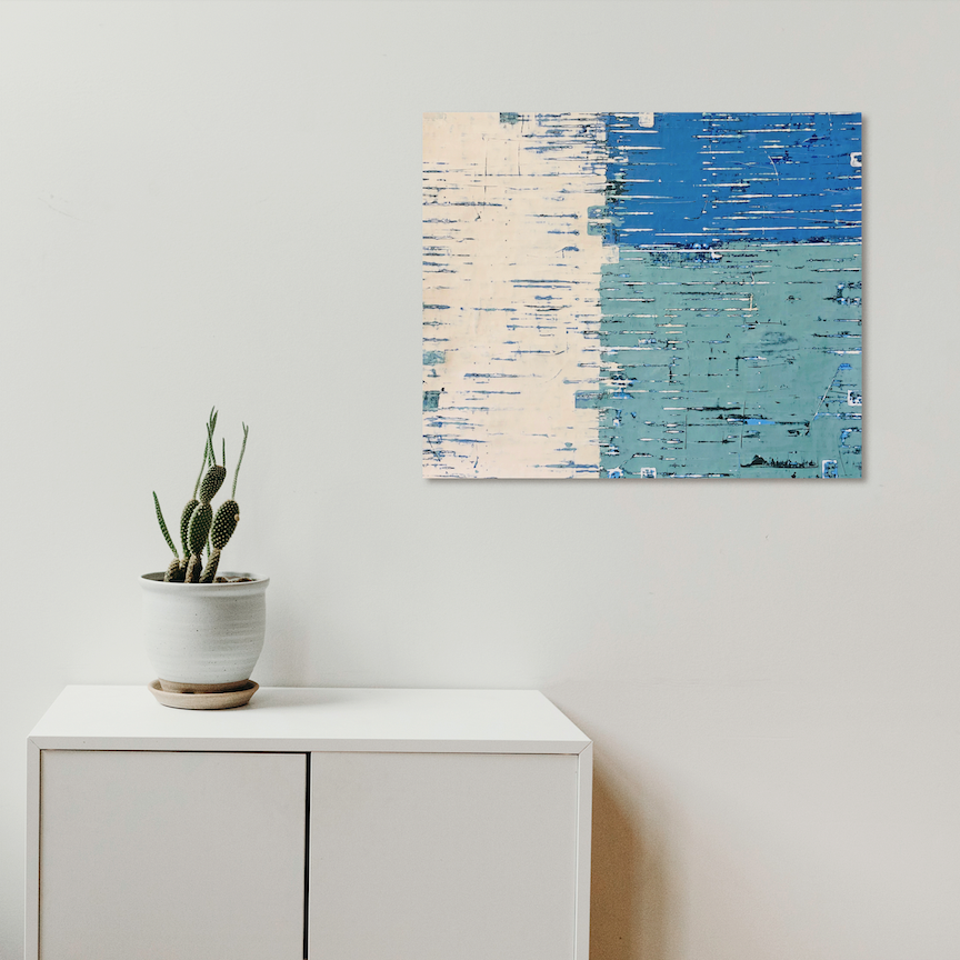 The artwork 'Rising Waters' by Shira Toren features an abstract composition with textured blocks of color: cream white, vibrant azure blue, and seafoam green. Created with Venetian plaster pigment on canvas, the piece displays a striking horizontal pattern with rough, weathered textures reminiscent of eroded surfaces. The 30x36 inch artwork employs a minimalist color palette with rich textural elements.