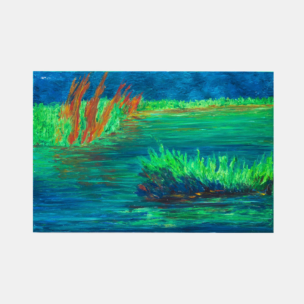 The artwork 'Riverbed' by Jadie Meprivert depicts a vibrant landscape with lush green reeds emerging from turquoise-blue water. Brown-orange cattails sway against a deep blue sky, creating dynamic movement. Bold brushstrokes in oil paint capture the natural textures and reflections of a serene wetland scene.