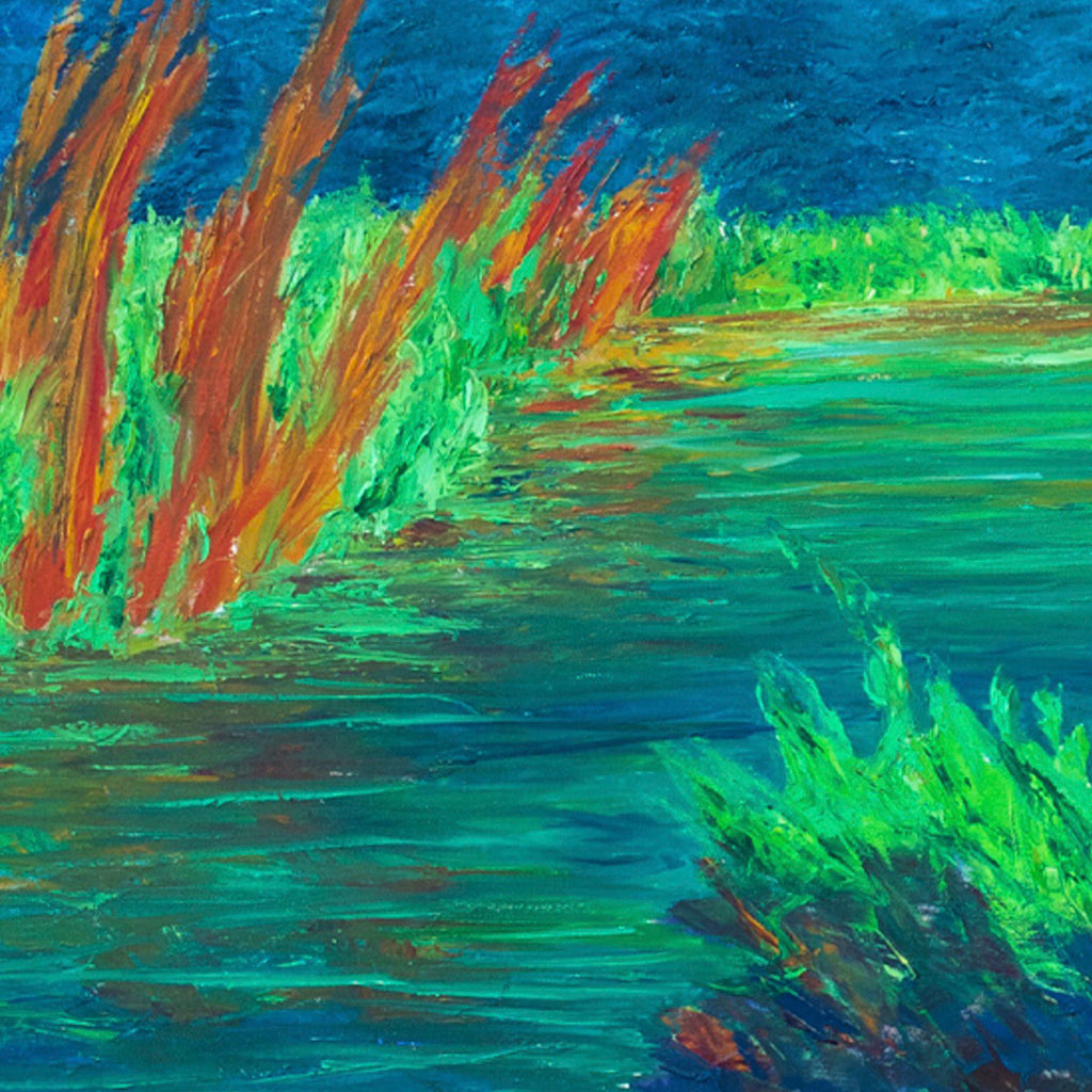 The artwork 'Riverbed' by Jadie Meprivert depicts a vibrant landscape with flowing water in rich turquoise tones, surrounded by dynamic orange-red reeds and luminous green vegetation. The oil painting features expressive brushstrokes creating movement and texture across the 22x30 inch canvas, capturing the natural energy of a riverside scene.