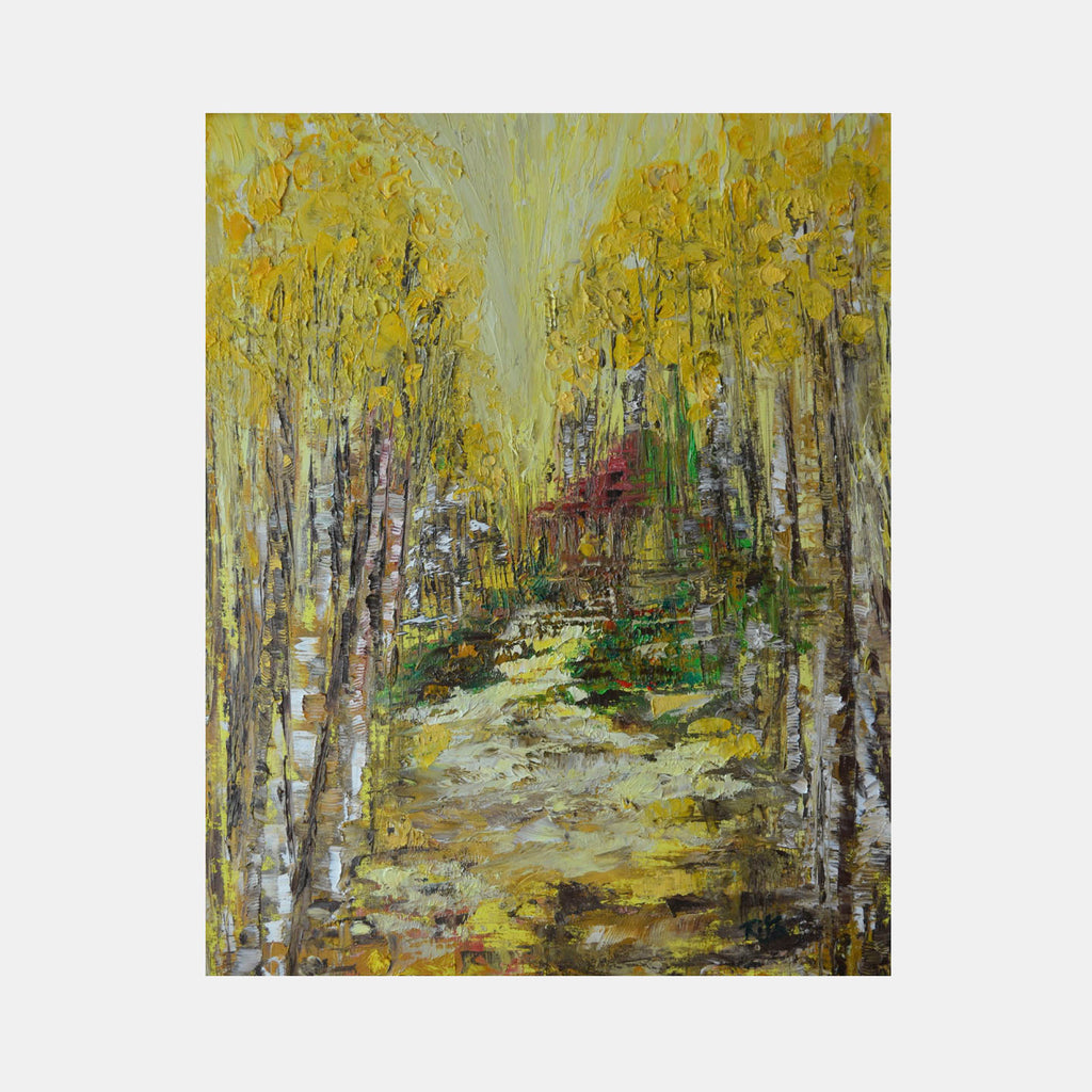 The artwork 'Road Taken' by Rita BasuMallick captures a luminous forest path lined with silver birch trees, their yellow autumn foliage creating a golden canopy. Oil painting depicts a winding trail through woods with textured brushstrokes in yellows, greens, and whites, showcasing an impressionistic style on canvas board.