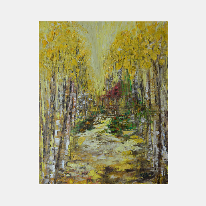 The artwork 'Road Taken' by Rita BasuMallick captures a luminous forest path lined with silver birch trees, their yellow autumn foliage creating a golden canopy. Oil painting depicts a winding trail through woods with textured brushstrokes in yellows, greens, and whites, showcasing an impressionistic style on canvas board.
