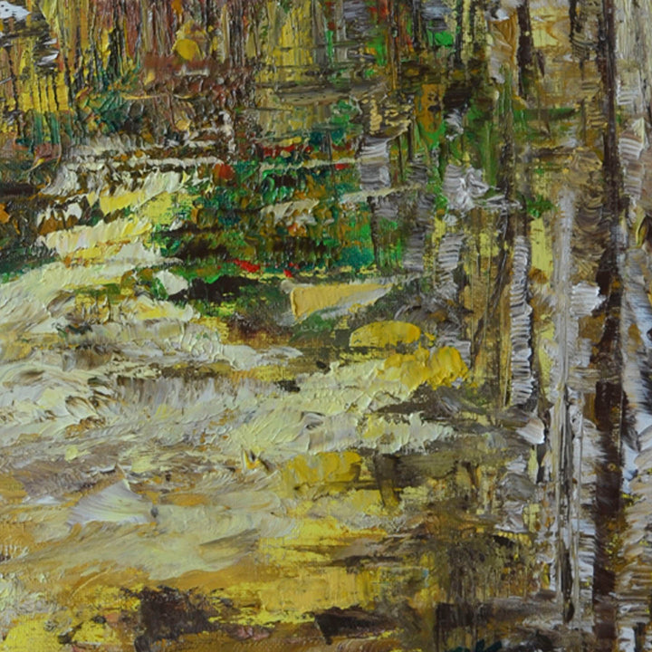 The artwork 'Road Taken' by Rita BasuMallick depicts a textured forest path with silvery birch trees, rendered in thick, impasto brushstrokes. Rich yellow and green tones capture dappled sunlight filtering through foliage, while brown and white create depth along the winding trail. Oil on canvas, expressing an impressionistic woodland scene with dynamic texture and natural light.
