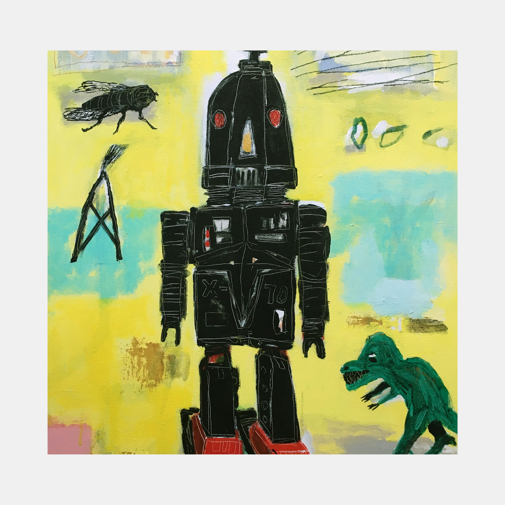 The artwork 'Robot Daze' by Andrew Chan features a black retro-style robot with red accents against a vibrant yellow and turquoise background. A whimsical scene includes a large black fly, a green dinosaur, and abstract elements. The acrylic painting on canvas combines bold colors with playful, nostalgic sci-fi imagery in a contemporary style.
