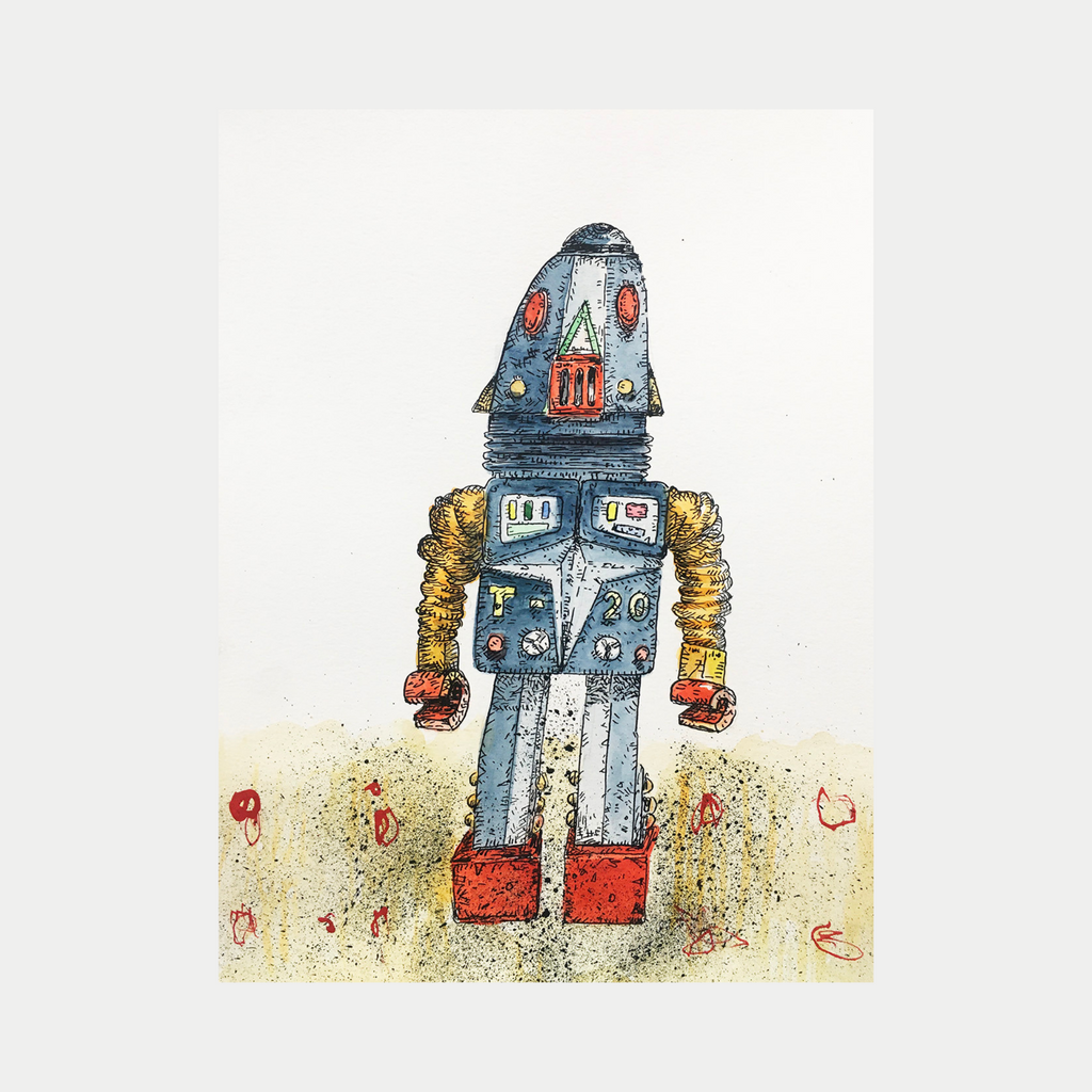 The artwork 'Robot T - 20' by Andrew Chan features a whimsical retro-style robot rendered in ink and watercolor. The robot has a blue metallic body, golden accordion-style arms, and red feet, decorated with small dials and buttons. The character stands against a textured beige background with subtle red splatter details, capturing a nostalgic vintage toy aesthetic.