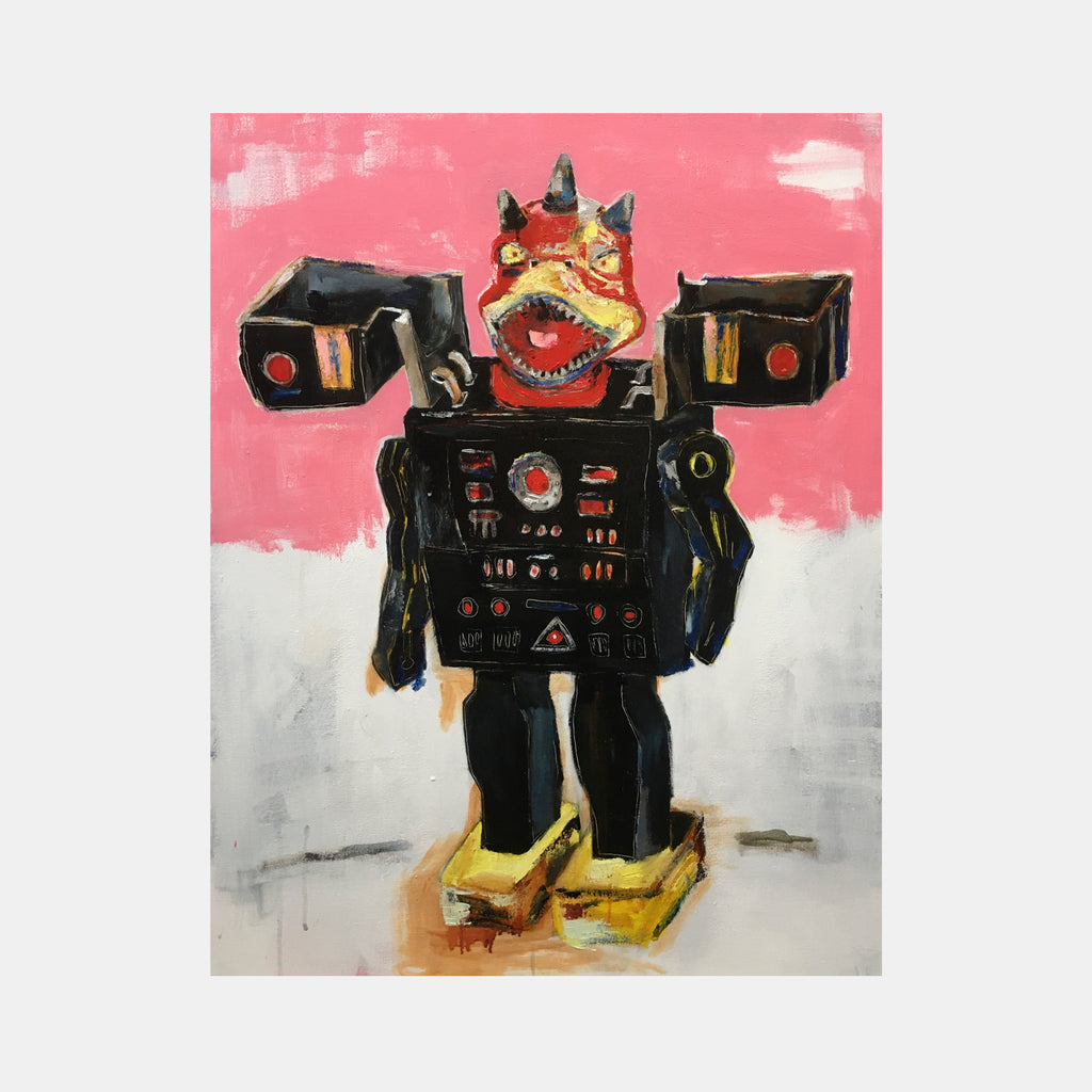 The artwork 'Robot T' by Andrew Chan features a whimsical robot figure painted in oil on canvas against a pink and white background. The robot has a distinctive orange-red head with exaggerated features, black rectangular body with control panels, extended black arms, and yellow feet. The painting combines bold colors with expressive brushstrokes in a contemporary style.