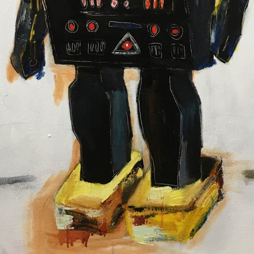 The artwork 'Robot T' by Andrew Chan features a stylized robot figure in black silhouette with red illuminated buttons and geometric patterns on its chest. The robot stands on vibrant yellow blocks, painted with expressive brushstrokes in oil on canvas. The composition contrasts dark mechanical elements against a light background, creating a modern, abstract interpretation of artificial intelligence. Painted by Andrew Chan.