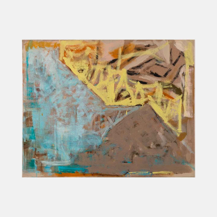The artwork 'Roche' by Molly Herman features an abstract composition with geometric shapes in turquoise blue, earthy browns, and vibrant yellow. Dynamic brushstrokes create textural contrast across the oil on linen canvas, with angular forms intersecting against a weathered, atmospheric background showing visible layering and artistic technique.