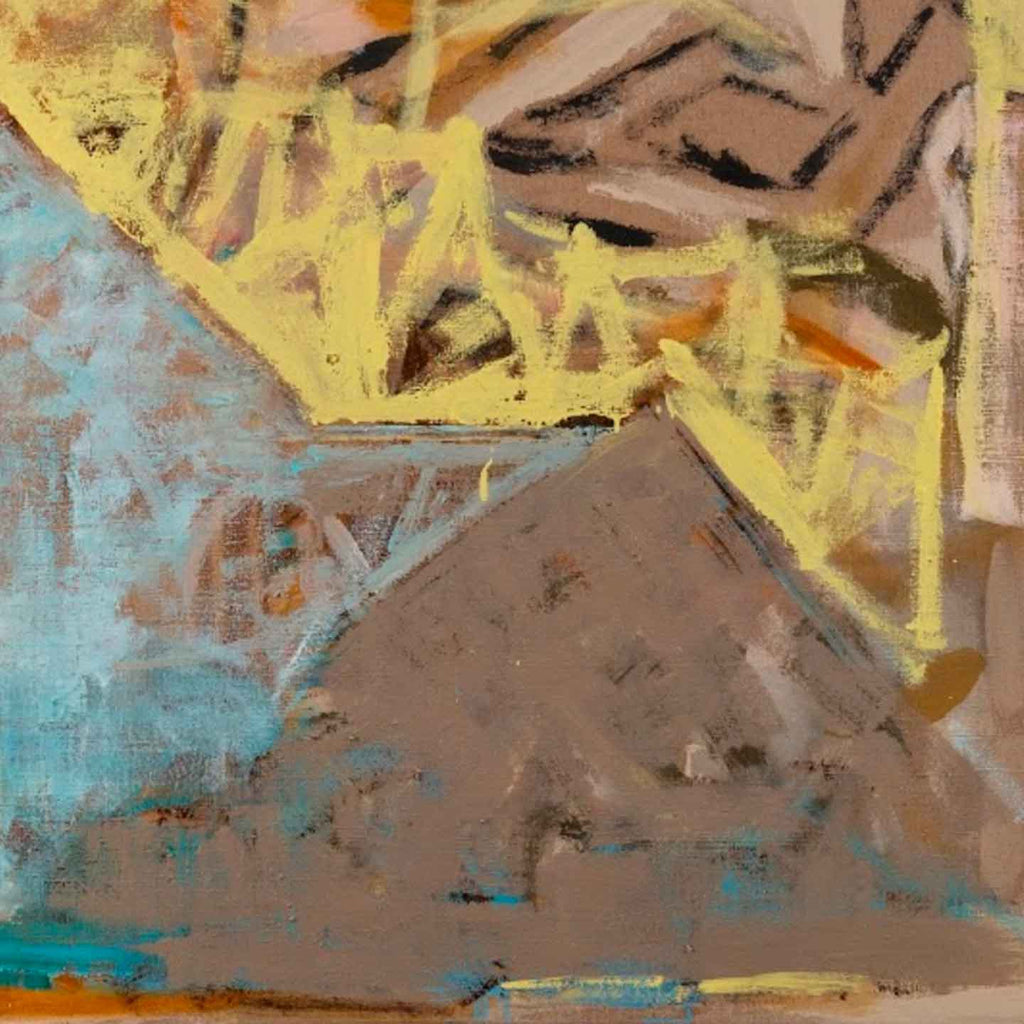 The artwork 'Roche' features abstract geometric shapes in vibrant yellow and turquoise against earthy brown tones. Bold brushstrokes create dynamic angular forms, with textural elements suggesting depth and movement. The oil on linen painting combines warm and cool colors in a contemporary abstract composition - by Molly Herman.