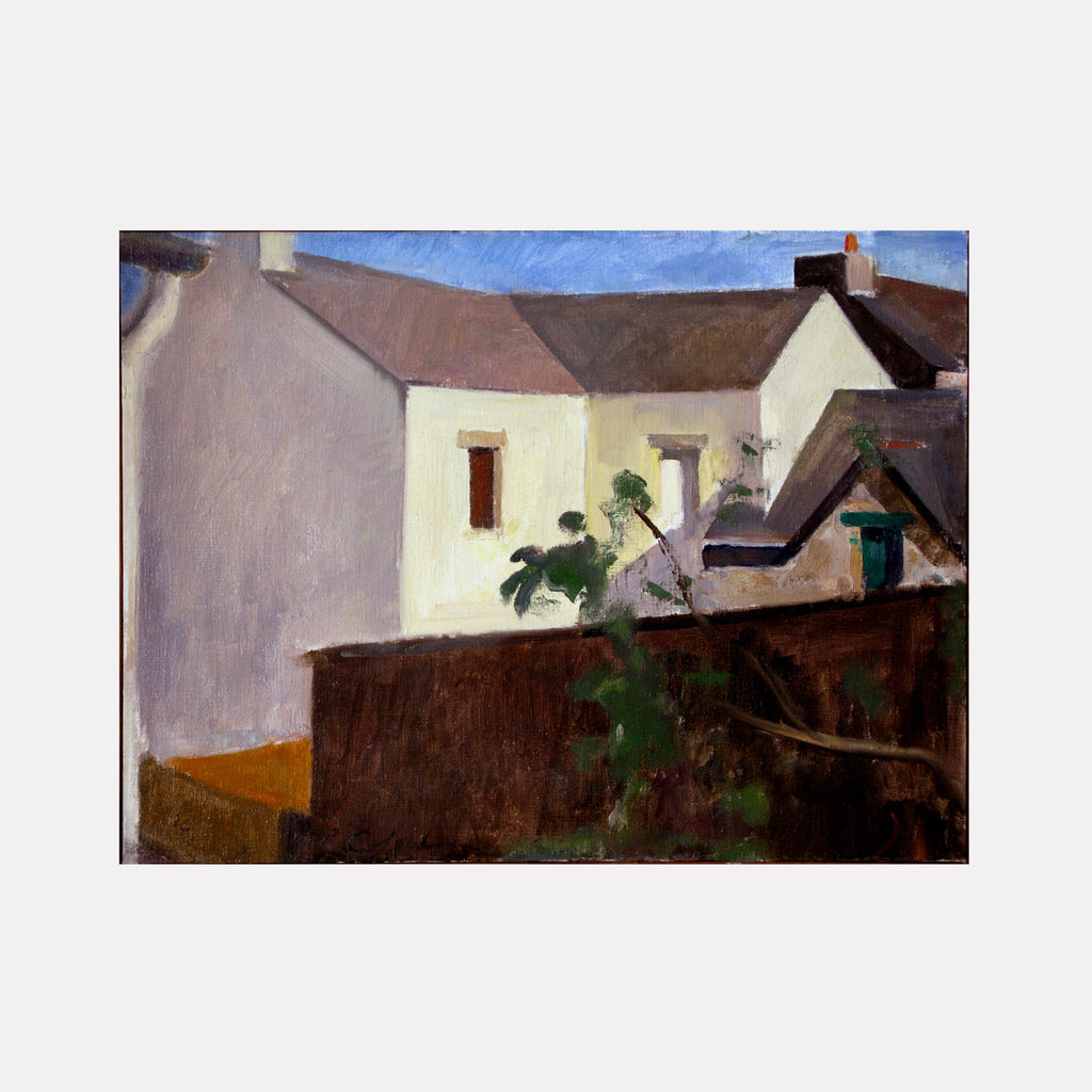 The artwork 'Rochefort Villa' by Peter Colquhoun depicts a charming countryside scene with cream-colored house walls and brown roofing against a vibrant blue sky. The oil painting features rustic architectural details, including small windows, garden foliage, and distinctive wooden structures, rendered in a naturalistic style on linen canvas. By Peter Colquhoun.