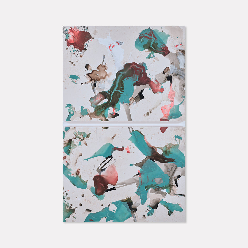 The artwork 'Rocky Road' by Linda Lee Nicholas features dynamic abstract patterns in turquoise, coral, and brown hues splashed across a white clayboard surface. The acrylic painting showcases fluid, organic shapes that appear to dance and swirl, creating a sense of movement and energy. The composition spans two panels, with expressive brushstrokes and paint splatters creating a modern, spontaneous aesthetic.