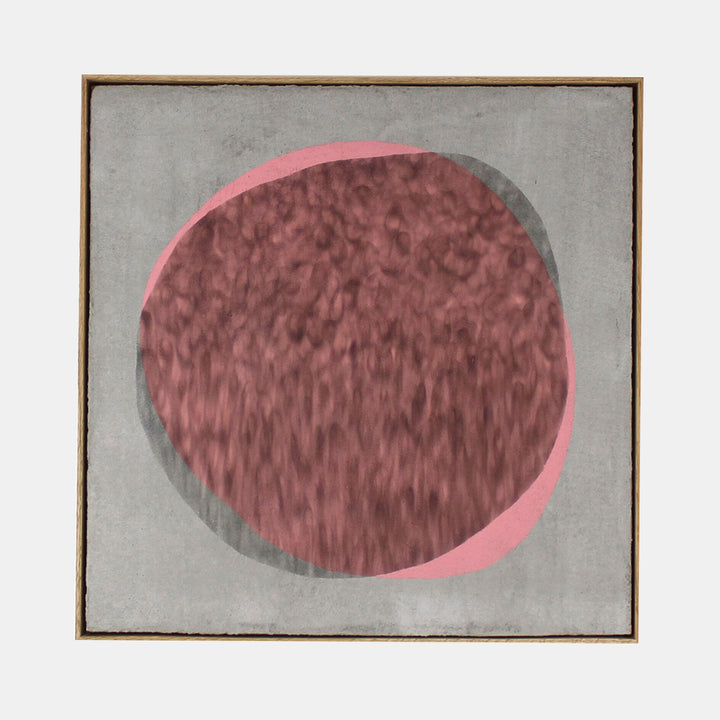 Roller Skating Example by Evan Ishmael features a large textured circular form in dusty rose pink against a cool grey concrete background. The circle appears weathered and rough, created with soot and spray-applied acrylic, showcasing a unique tactile quality and depth through its mottled surface treatment.