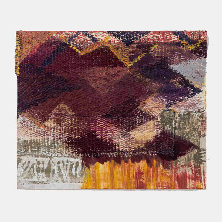The artwork 'Rug Raga' by Molly Herman features rich burgundy and deep purple abstract forms layered with textural tapestry elements, floating above vibrant golden yellow and rust orange brushstrokes. The composition combines oil paint and woven textile on canvas, creating a dynamic interplay between flowing and structured elements, measuring 20x24 inches.