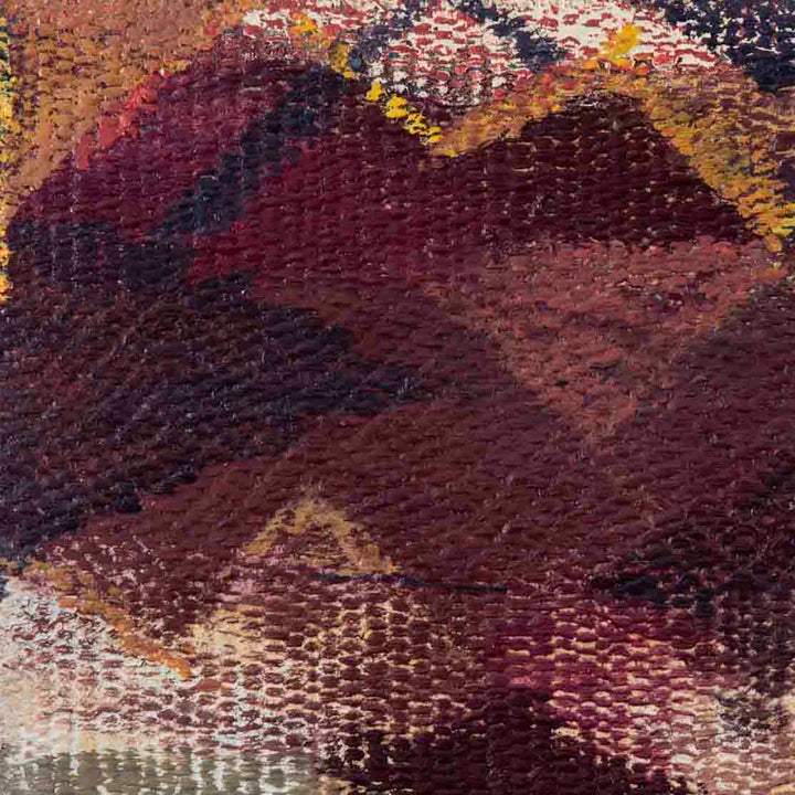The artwork 'Rug Raga' by Molly Herman features rich burgundy and deep purple textural waves interwoven with golden highlights, creating a tapestry-like effect on canvas. The abstract composition combines oil paint and textile elements, showcasing organic patterns and layered brushwork that mimics woven fabric across its 20x24 inch surface.