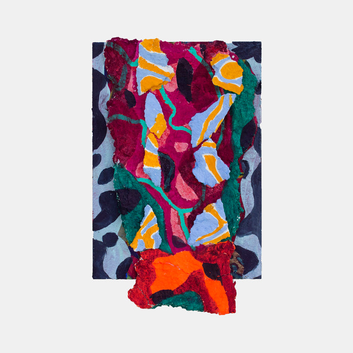 The artwork 'Rupture' by Winnie Sidharta features dynamic abstract shapes in vibrant magenta, teal, orange, and powder blue. The composition showcases organic, flowing forms with bold color contrasts against a deep navy background, creating a sense of movement and depth through layered watercolor and acrylic techniques with visible marble dust texture.