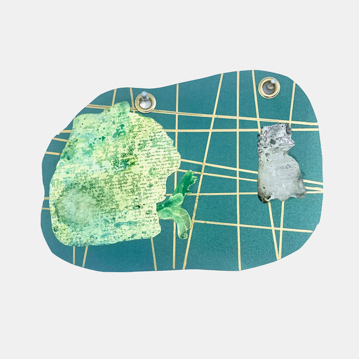 The artwork 'I Am Talking, Cat' by Sunny Chapman features an abstract collage on metallic teal paper with gold grid lines. A large mint-green monotype print dominates the left side, while a small gray figure appears on the right. Metal grommets add industrial detail to this mixed-media piece on 130 lb cover stock paper, measuring 8x11 inches.