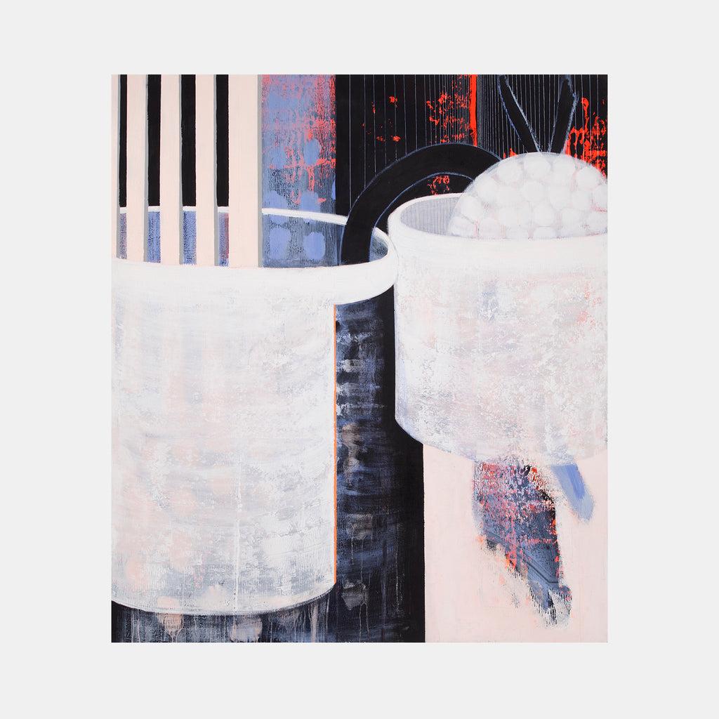 The artwork 'Certain Dark Things #22' by Sarah Dineen features abstract cylindrical forms in white and pale pink against a dark background. Bold vertical stripes frame the composition, while splashes of vibrant red and soft blue create dynamic contrast. The textured acrylic surface emphasizes the geometric shapes and architectural elements, measuring 82x72 inches.