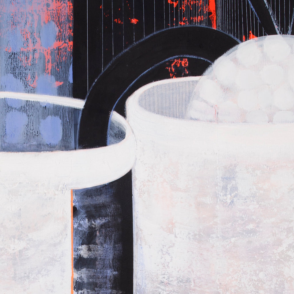 The artwork 'Certain Dark Things #22' by Sarah Dineen features bold geometric abstractions with a dramatic contrast of black arches against white textured forms. The composition includes deep navy blues and vibrant coral accents, creating a striking interplay of curved and angular shapes. The acrylic on canvas piece showcases layered textures and dripping effects against a minimalist color palette.