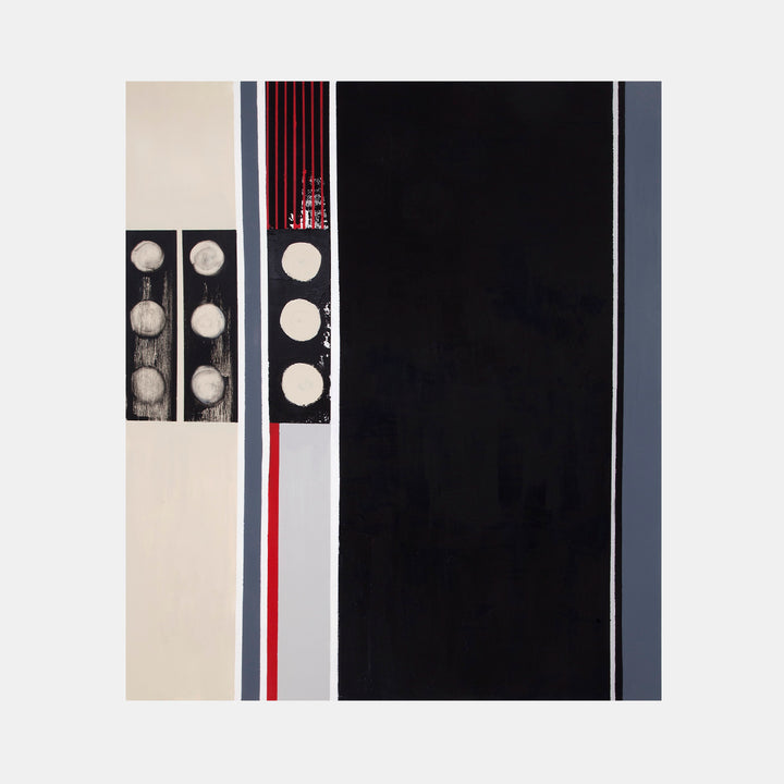 The artwork 'Certain Dark Things #32' by Sarah Dineen features a striking minimalist composition with vertical bands of black, white, and red. Three columns of white circles create a rhythmic pattern against dark strips, while a bold black expanse dominates the right side. The acrylic on canvas piece combines geometric precision with subtle textural elements, measuring 82x72 inches.