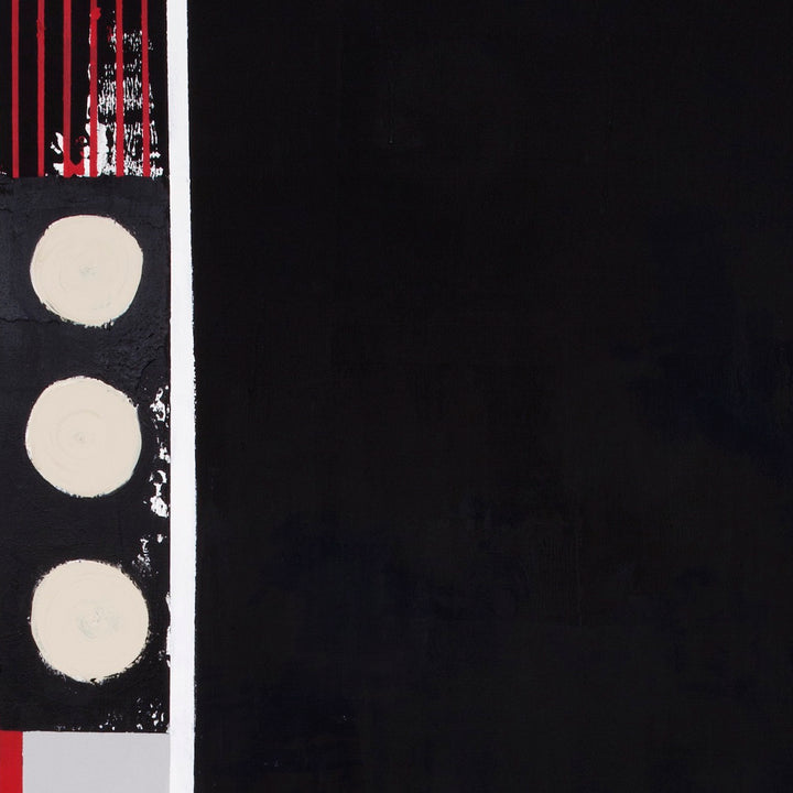 The artwork 'Certain Dark Things #32' by Sarah Dineen features a striking minimalist composition with three cream-colored circular forms aligned vertically against a black background, accented by bold red stripes and white linear elements. The large-scale acrylic painting combines geometric precision with textural depth, creating a powerful abstract statement.