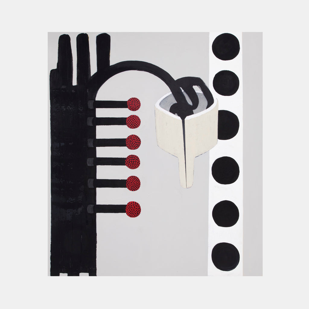 The artwork 'Certain Dark Things #35' by Sarah Dineen features bold geometric abstraction with a striking black vertical form resembling a hand or tower, complemented by six red circular dots arranged linearly. A white angular shape with curved elements balances the composition, while seven black dots align vertically on the right against a light gray background. Acrylic on canvas, 82x72 inches.