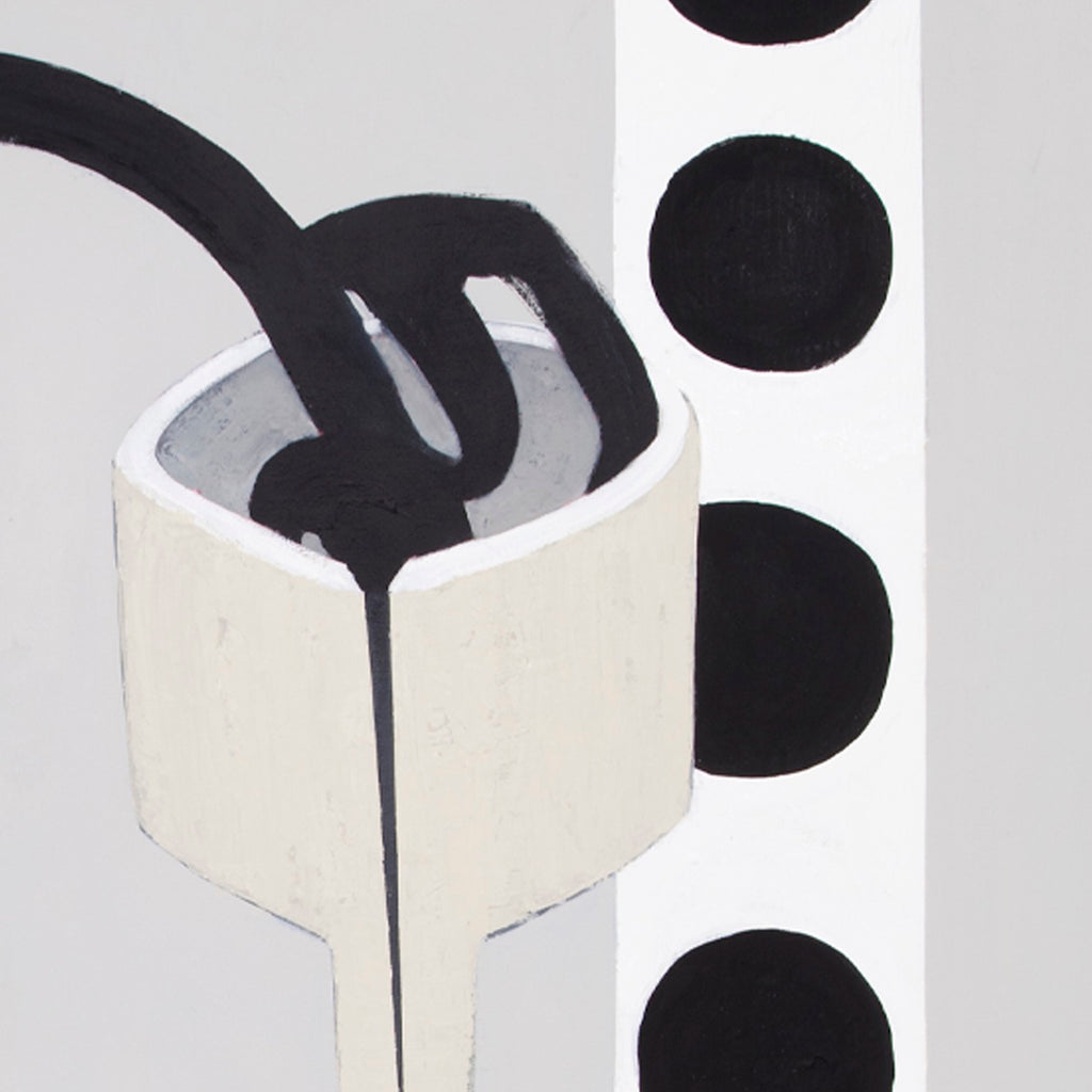 The artwork 'Certain Dark Things #35' by Sarah Dineen features a minimalist composition with a white cylindrical vessel containing flowing black liquid, set against a light gray background. A vertical strip of black polka dots adorns the right edge, creating a striking contrast. The acrylic on canvas piece measures 82x72 inches. - Sarah Dineen