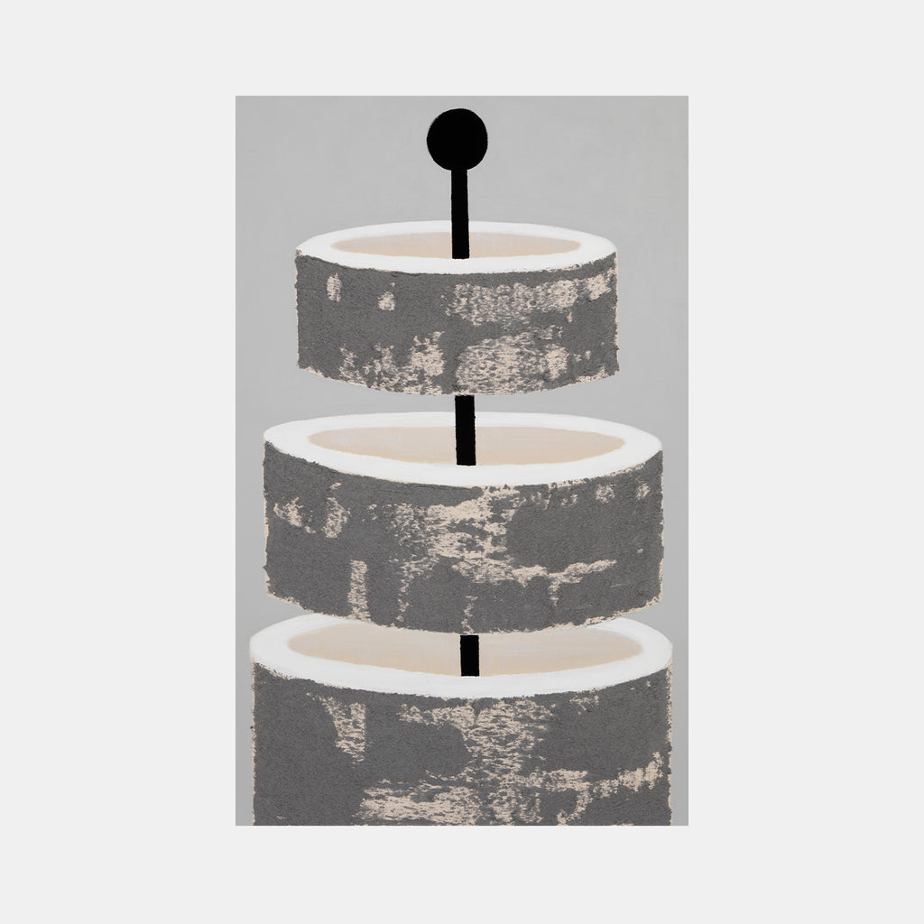 The artwork 'Certain Dark Things #56' by Sarah Dineen features a minimalist composition of three tiered circular forms in white and distressed gray, connected by a central black vertical rod. The textural acrylic painting showcases a weathered, industrial aesthetic with rough-edged bands creating depth and dimension on a light background.