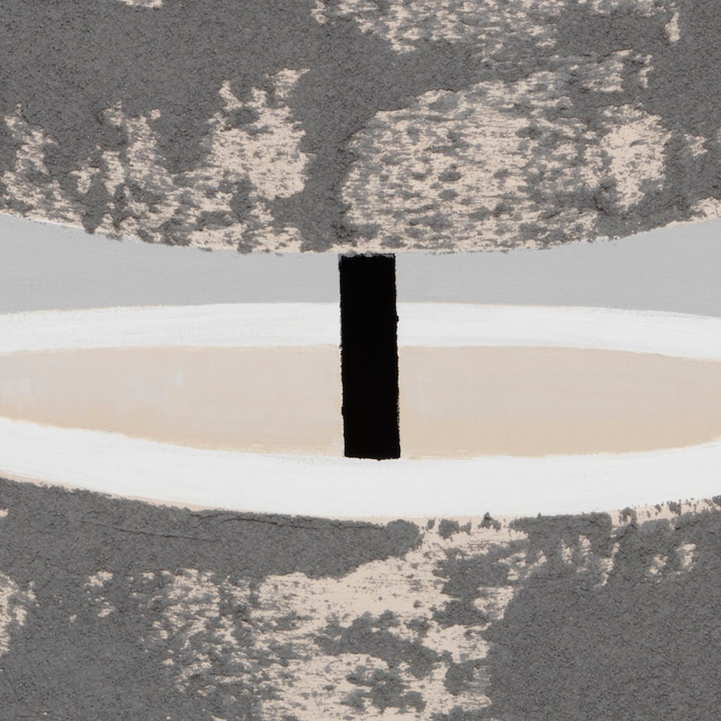 The artwork 'Certain Dark Things #56' by Sarah Dineen features a bold vertical black rectangle centered between curved white bands, set against a textured grey background with distressed, mottled effects. The minimalist acrylic composition creates a striking contrast between smooth and rough surfaces, with cream undertones adding depth to the 53x36 inch canvas.