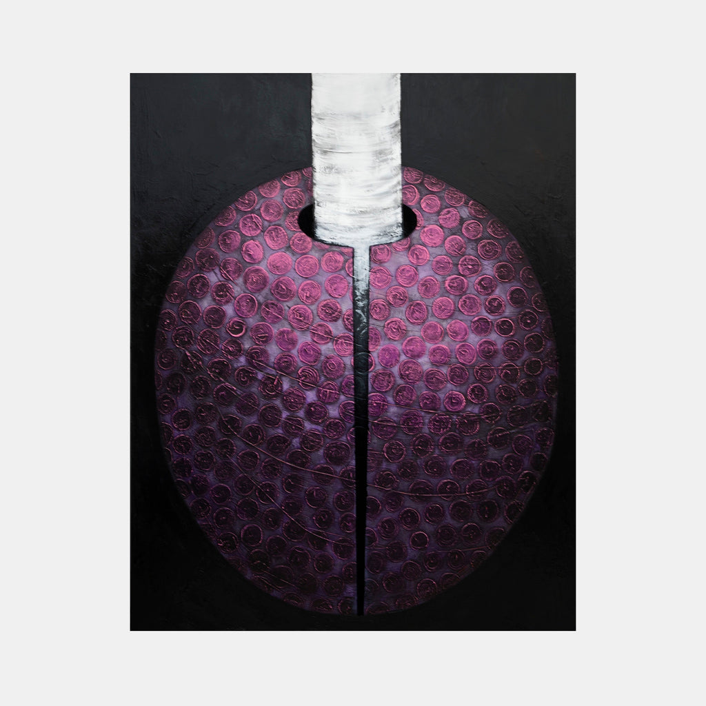 The artwork 'Certain Dark Things #58' by Sarah Dineen features a striking circular form in deep purple and magenta tones, textured with intricate spiral patterns. A bold white vertical band bisects the sphere, creating dramatic contrast against the dark background. The acrylic on canvas piece combines geometric precision with organic textures. 48x60 inches by Sarah Dineen.