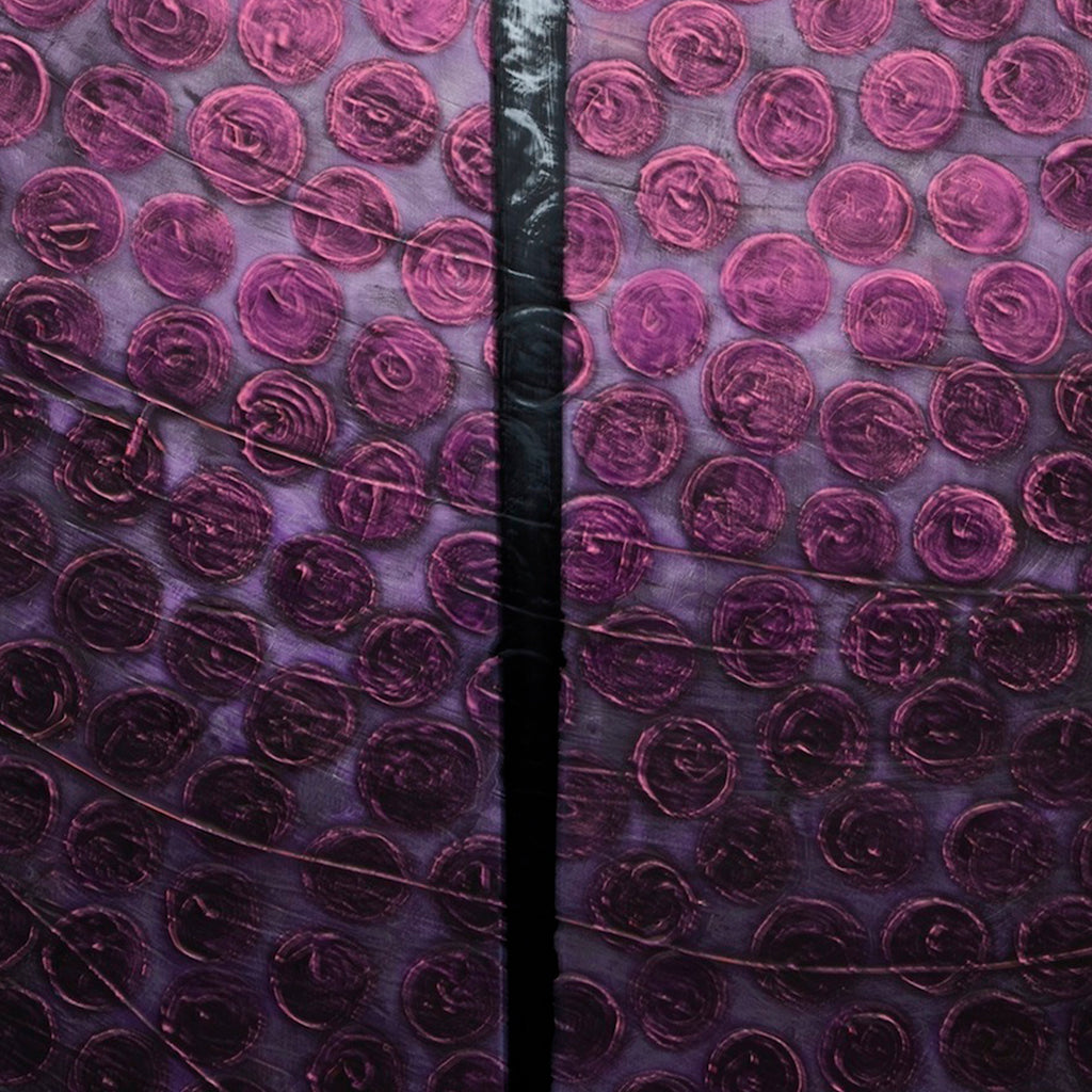 The artwork 'Certain Dark Things #58' by Sarah Dineen features a mesmerizing pattern of circular, rose-like impressions in deep burgundy and purple hues across the canvas. A bold vertical black stripe divides the composition, creating dramatic contrast against the textured, spiral motifs. The acrylic medium creates a rich, dimensional surface with metallic undertones.