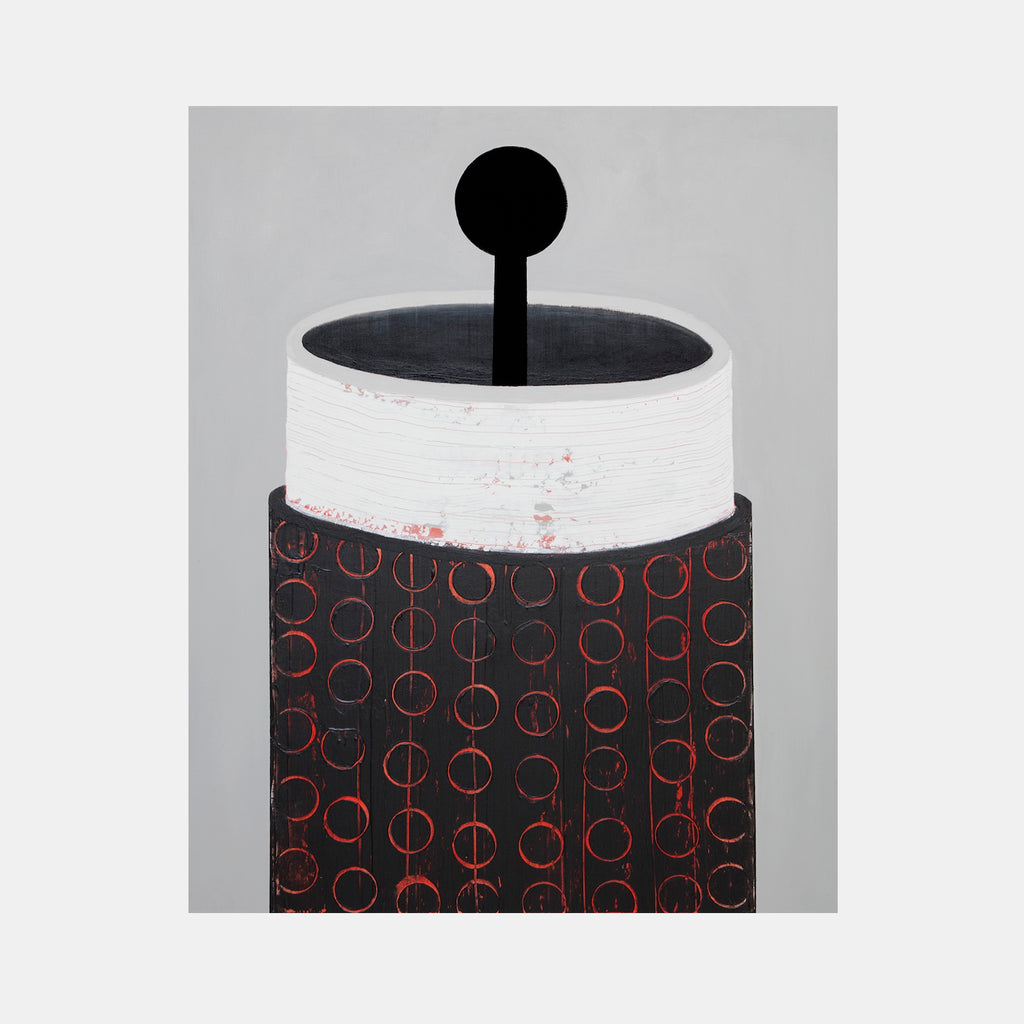 The artwork 'Certain Dark Things #59' by Sarah Dineen features a cylindrical form with a minimalist black top knob against a grey background. The piece combines a stark white textured band with a lower section decorated in repetitive red circular patterns on black, creating a modern geometric composition executed in acrylic on canvas.