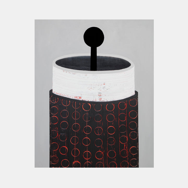 The artwork 'Certain Dark Things #59' by Sarah Dineen features a cylindrical form with a minimalist black top knob against a grey background. The piece combines a stark white textured band with a lower section decorated in repetitive red circular patterns on black, creating a modern geometric composition executed in acrylic on canvas.