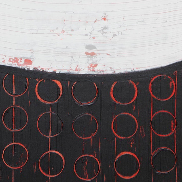 The artwork 'Certain Dark Things #59' by Sarah Dineen features bold red circular patterns arranged in vertical columns against a deep black background. The top portion transitions into a textured white space with subtle pink accents. The large-scale acrylic painting on canvas showcases a minimalist geometric composition with a striking contrast between dark and light elements.