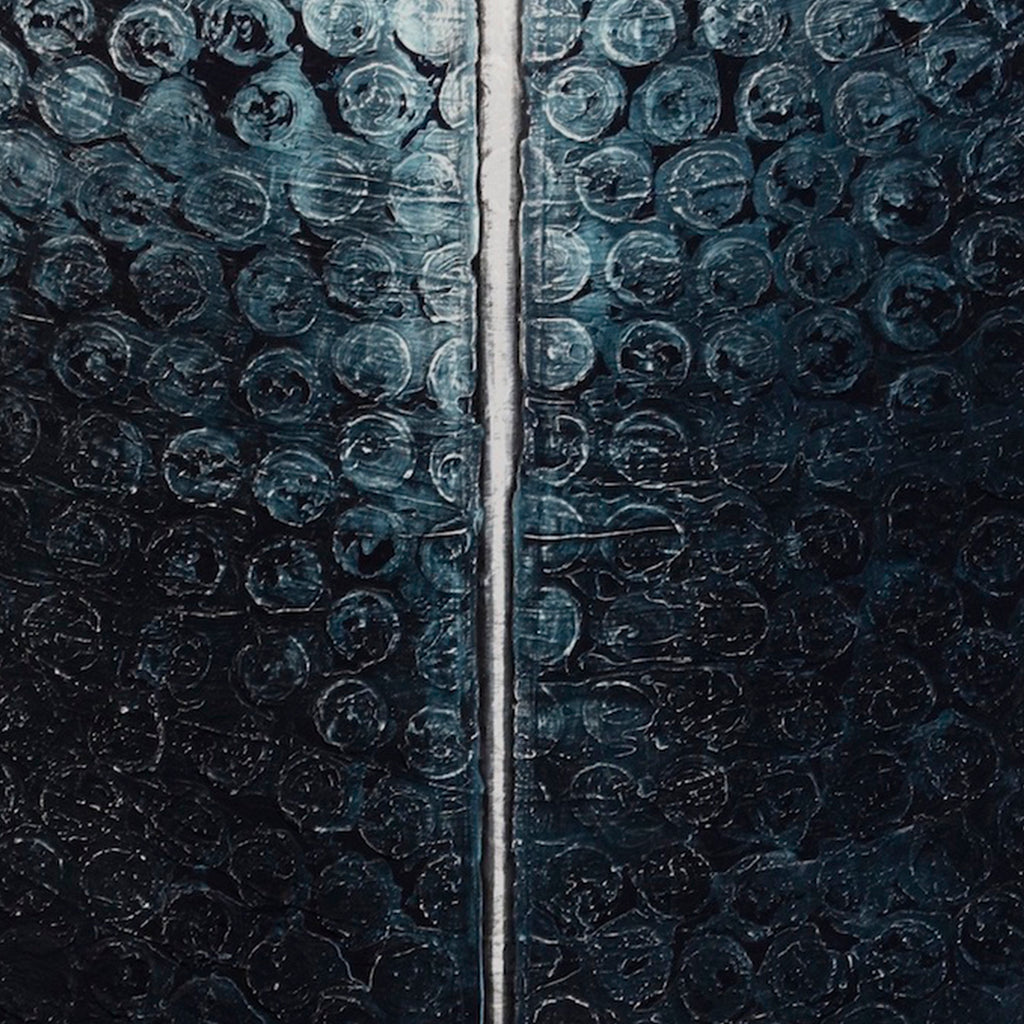 The artwork 'Certain Dark Things #60' by Sarah Dineen features a striking vertical white line bisecting a deep navy-blue abstract composition. Circular patterns and textures create a bubble-like effect across the canvas, with varying depths of blue creating a mysterious, underwater atmosphere. The acrylic medium adds rich texture and dimensional qualities. By Sarah Dineen.