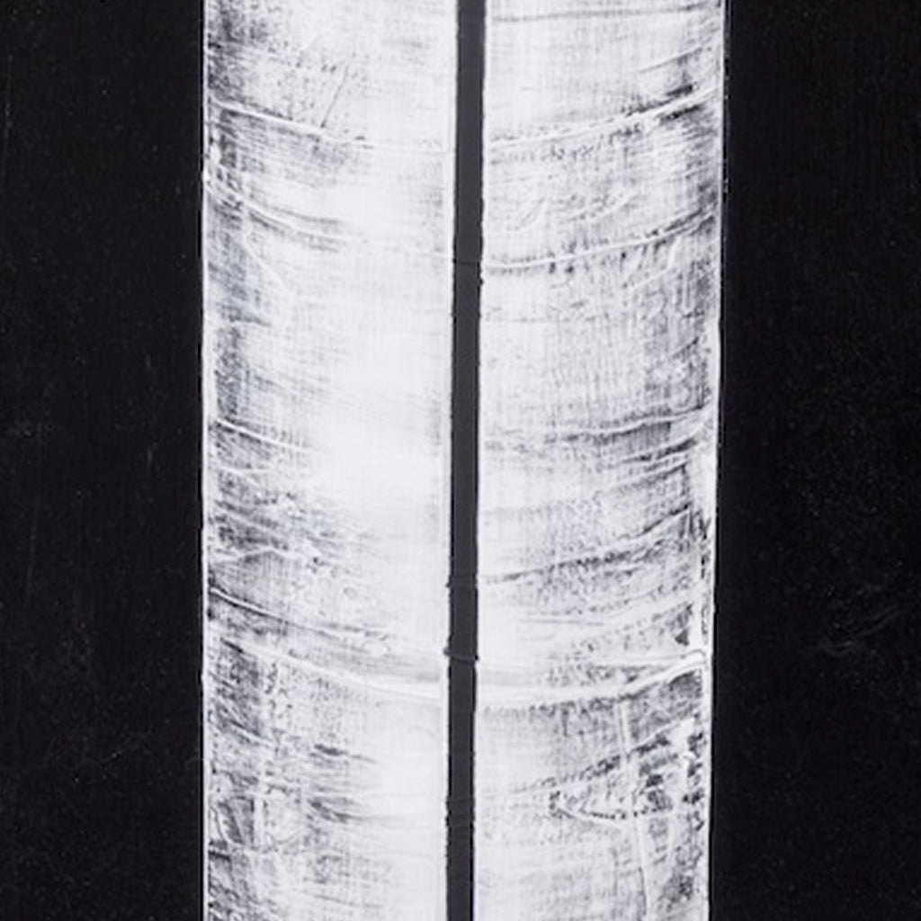 The artwork 'Certain Dark Things #65' by Sarah Dineen features a minimalist composition with a large circular form atop two vertical parallel lines against a deep black background. The sphere exhibits intricate spiral patterns in silvery grey tones, while the columns display textured brushwork in white acrylic on canvas, creating a striking monochromatic contrast.