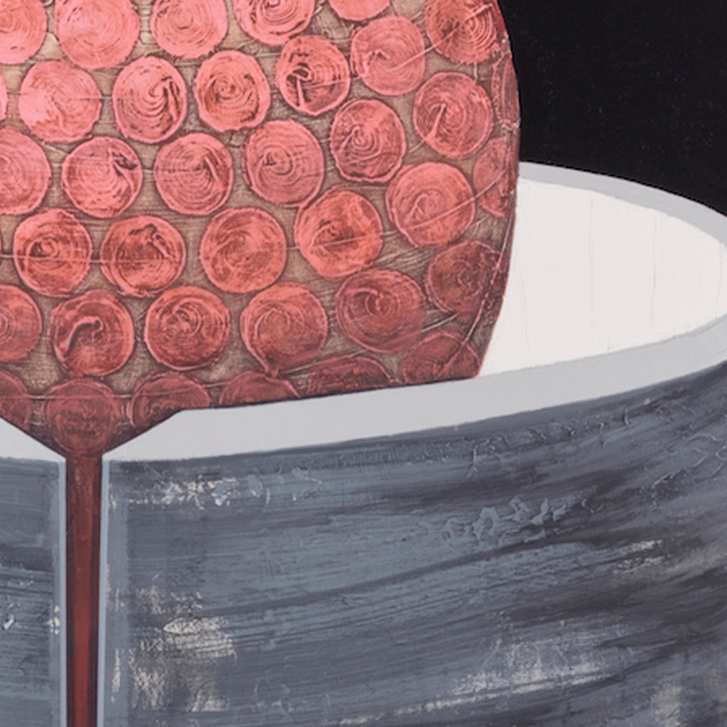 The artwork 'Certain Dark Things #66' by Sarah Dineen features a large coral-pink spherical form composed of intricate circular patterns resembling roses or spirals, set against a curved gray architectural element. The acrylic painting on canvas combines textural detail with bold geometric forms, creating a striking contrast between organic and structural elements.